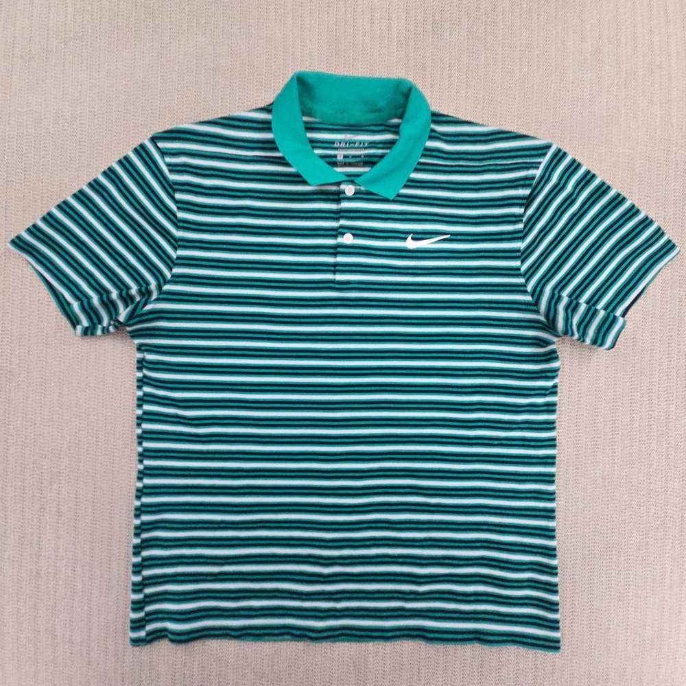 Nike Victory Golf Polo Shirt‎ Mens XL Green White Black Striped Lightweight